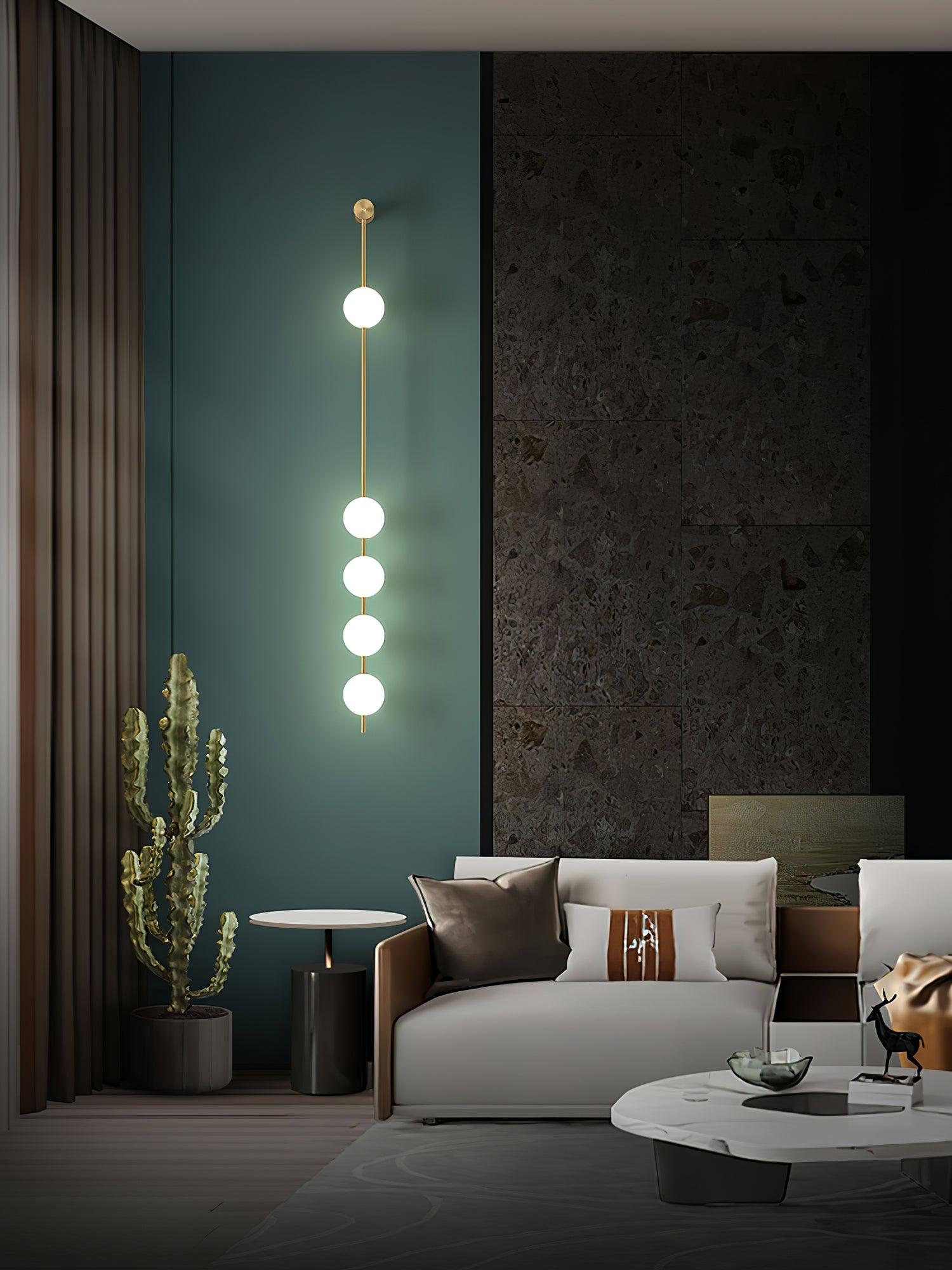 3-5 Light Vertical Globe Wall Light / 4 Lamps: ∅ 4.7″ x H 51.2″ / Dia 12cm x H 130cm / Brass & Plastic ball / Warm White