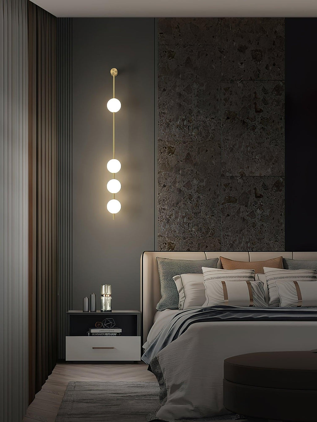 3-5 Light Vertical Globe Wall Light / 4 Lamps: ∅ 4.7″ x H 51.2″ / Dia 12cm x H 130cm / Black & Plastic Ball / Warm White