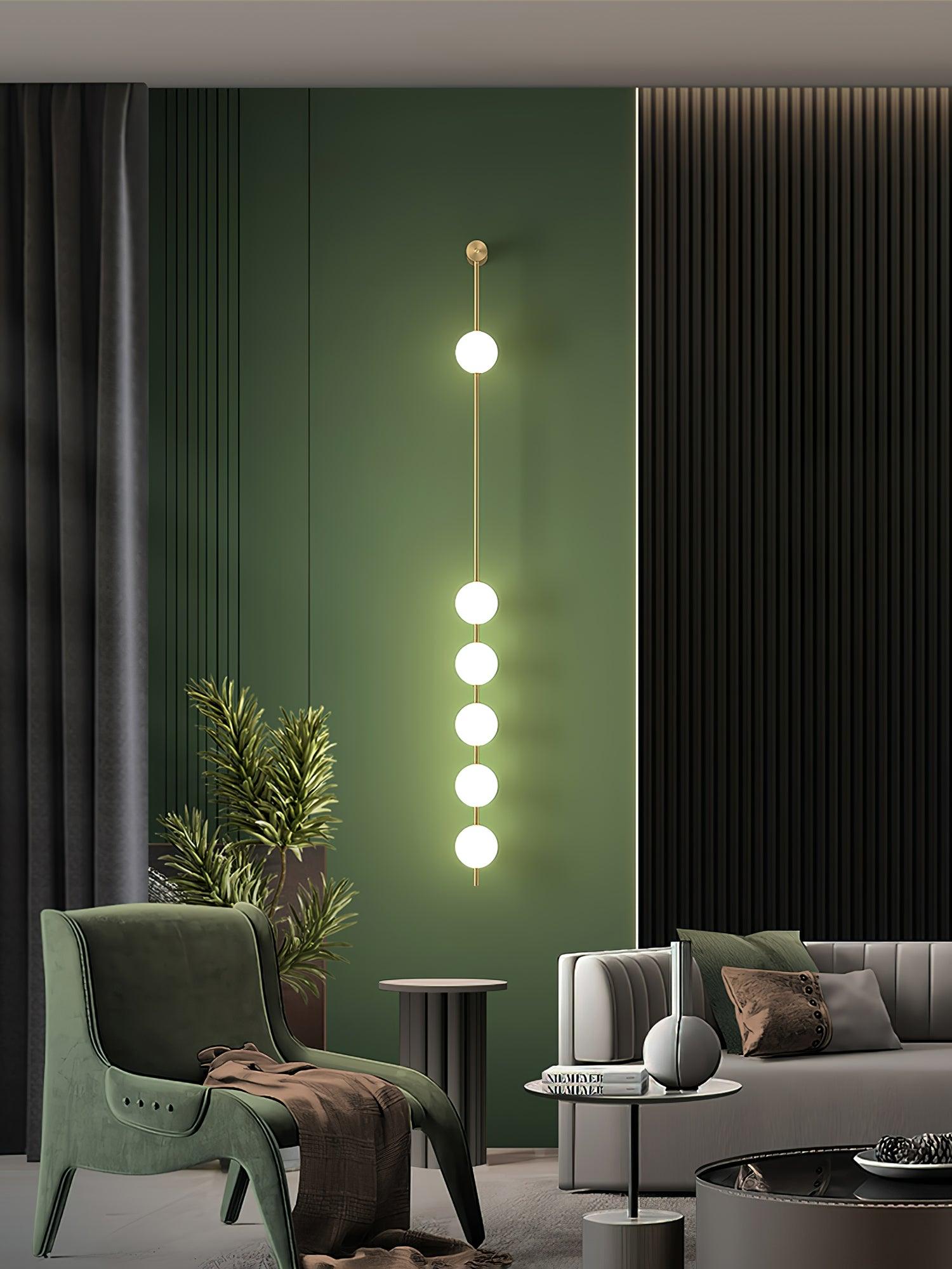 3-5 Light Vertical Globe Wall Light / 5 Lamps: ∅ 4.7″ x H 62.2″ / Dia 12cm x H 158cm / Brass & Plastic ball / Warm White