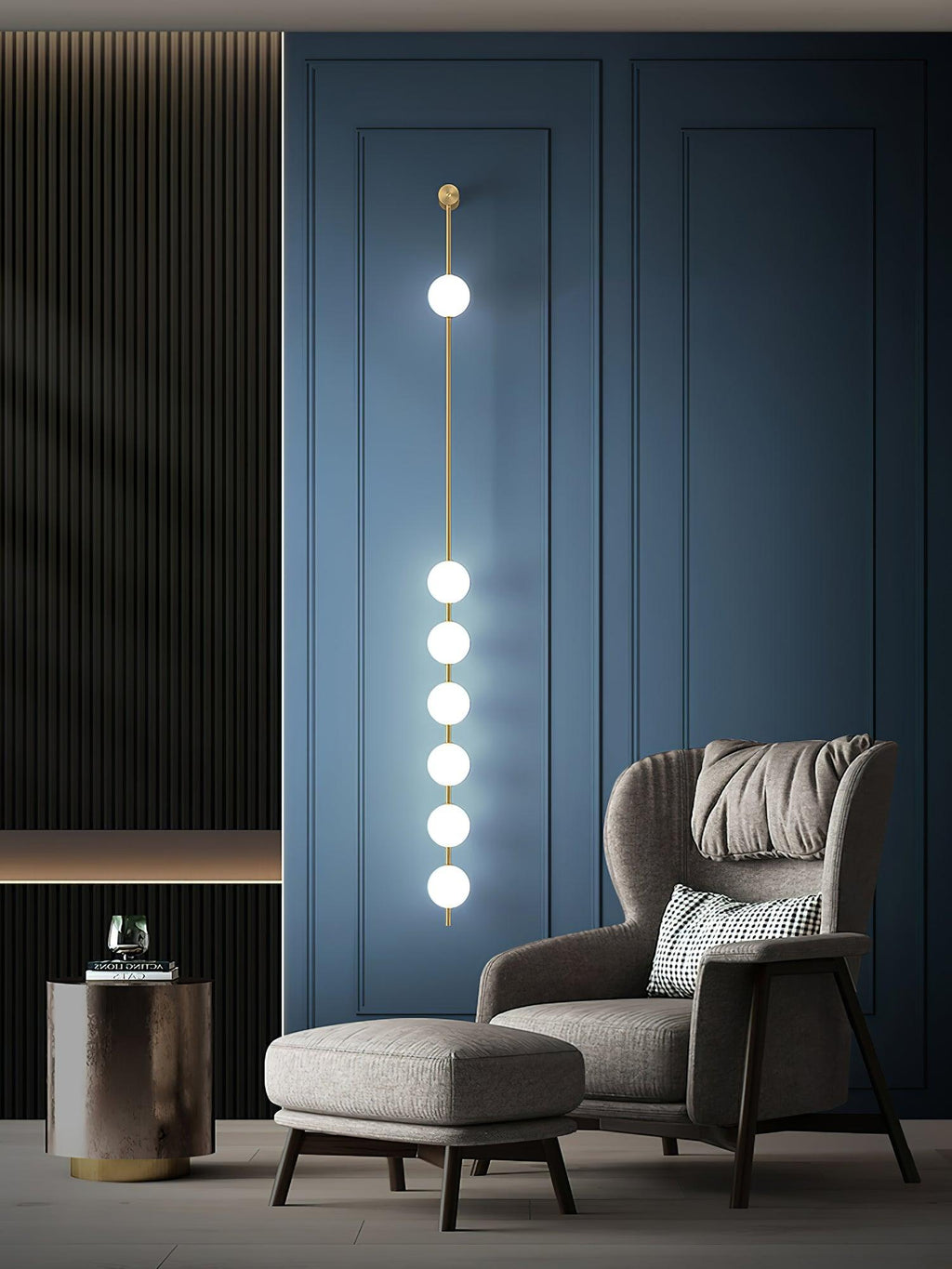 3-5 Light Vertical Globe Wall Light / 5 Lamps: ∅ 4.7″ x H 62.2″ / Dia 12cm x H 158cm / Brass & Glass ball / Warm White
