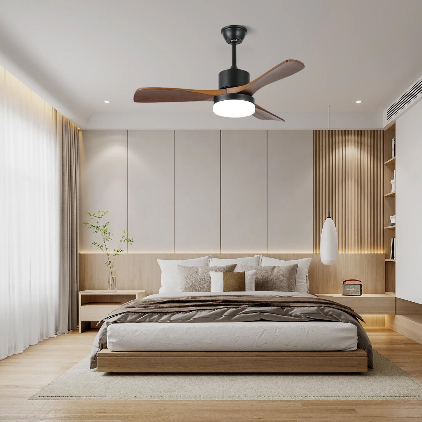 48/52-Inch Wood Blade Ceiling Fan Light / ∅ 48″ x H 11.8″ / Model B Walnut Wood Grain & Black / Three-Color Changing Light