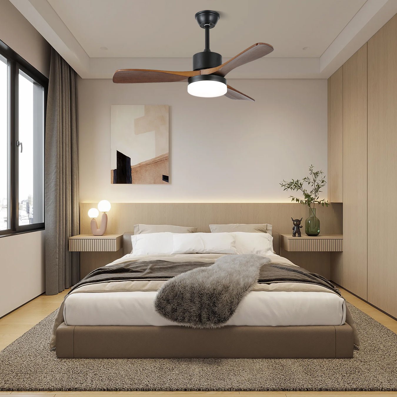 48/52-Inch Wood Blade Ceiling Fan Light / ∅ 48″ x H 11.8″ / Model C Walnut Wood Grain & Black / Three-Color Changing Light