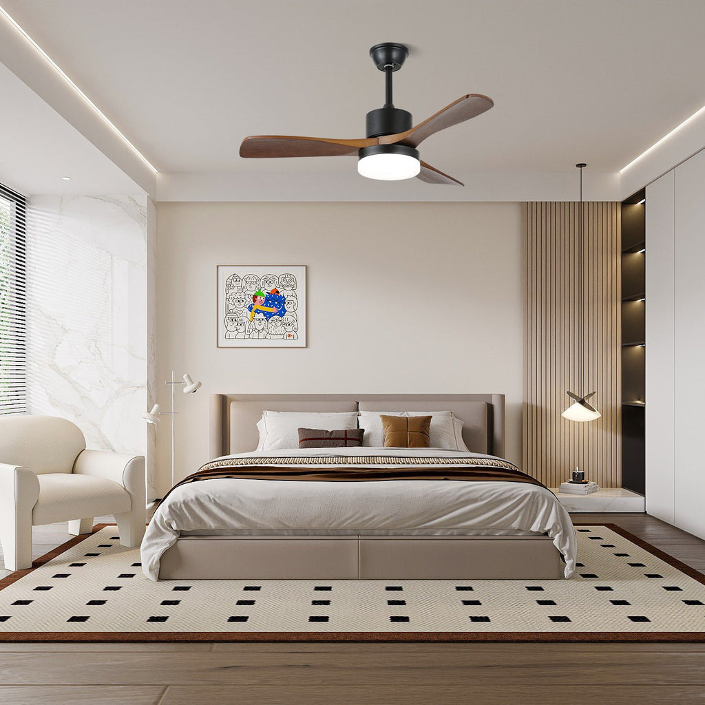 48/52-Inch Wood Blade Ceiling Fan Light / ∅ 48″ x H 11.8″ / Model D Walnut Wood Grain & Black / Three-Color Changing Light