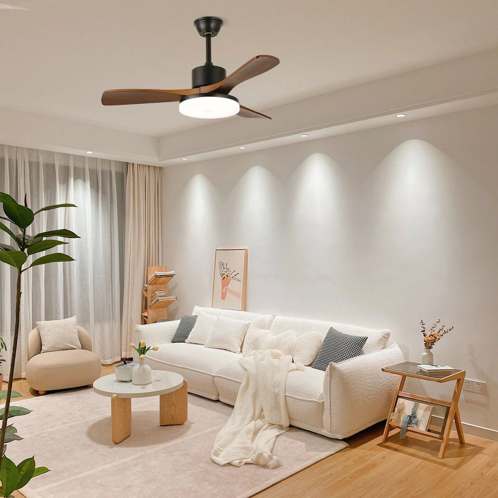 48/52-Inch Wood Blade Ceiling Fan Light / ∅ 52″ x H 11.8″ / Model B Walnut Wood Grain & Black / Three-Color Changing Light