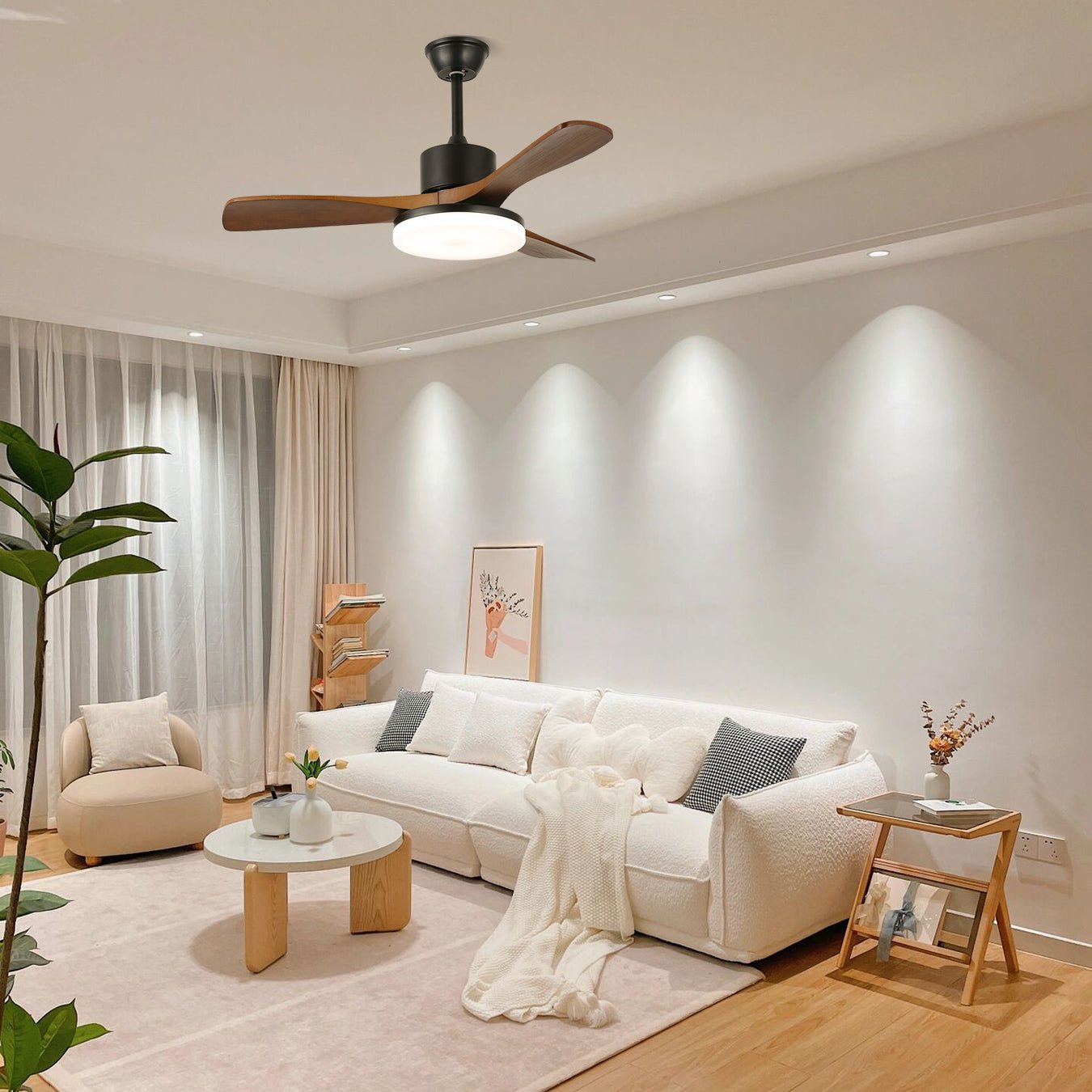 48/52-Inch Wood Blade Ceiling Fan Light / ∅ 52″ x H 11.8″ / Model B Walnut Wood Grain & Black / Three-Color Changing Light