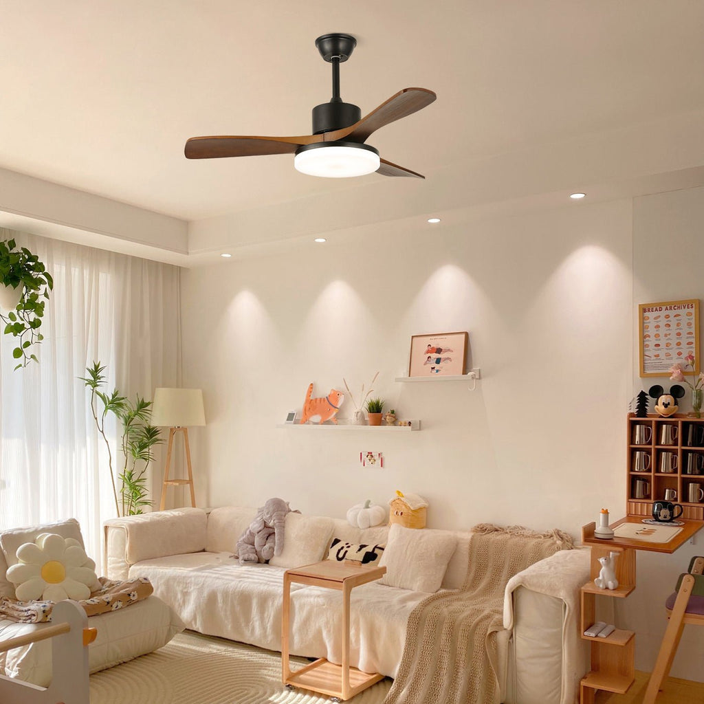 48/52-Inch Wood Blade Ceiling Fan Light / ∅ 52″ x H 11.8″ / Model C Walnut Wood Grain & Black / Three-Color Changing Light