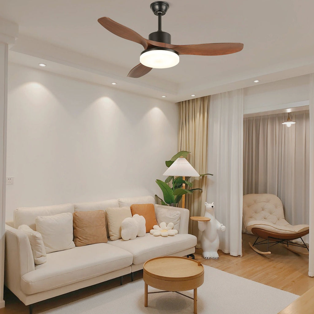 48/52-Inch Wood Blade Ceiling Fan Light / ∅ 52″ x H 11.8″ / Model D Walnut Wood Grain & Black / Three-Color Changing Light