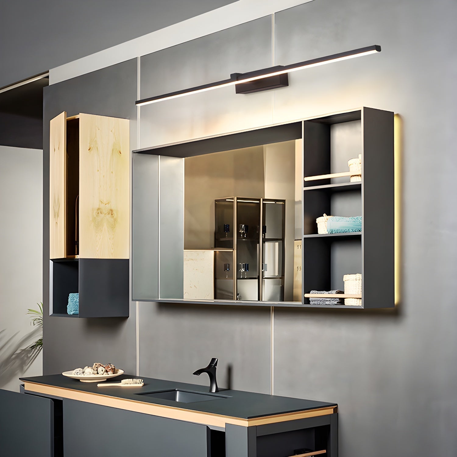 Black Linear LED Mirror Wall Light / ∅ 15.7″ x H 3.1″ / Black & Warm Light / Set Of 2