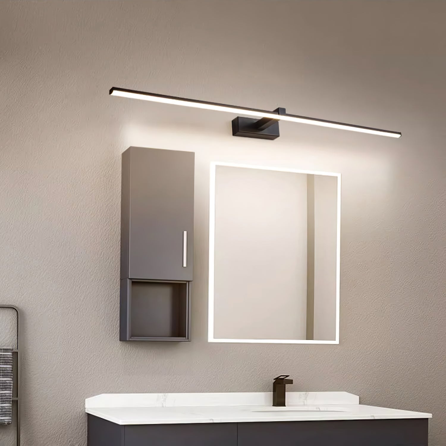 Black Linear LED Mirror Wall Light / ∅ 23.6″ x H 3.1″ / Black & Warm Light / Single