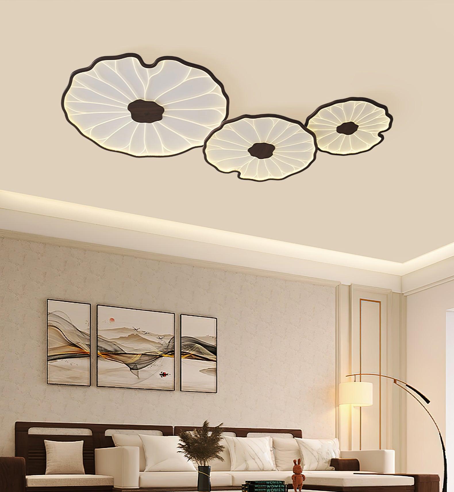 Lotus Leaf Wood-Look LED Ceiling Light / ∅ 11.8″ x H 1.6″ / Dia 30cm x H 4cm / Hydrographic Walnut Wood Grain Finish / Warm Light