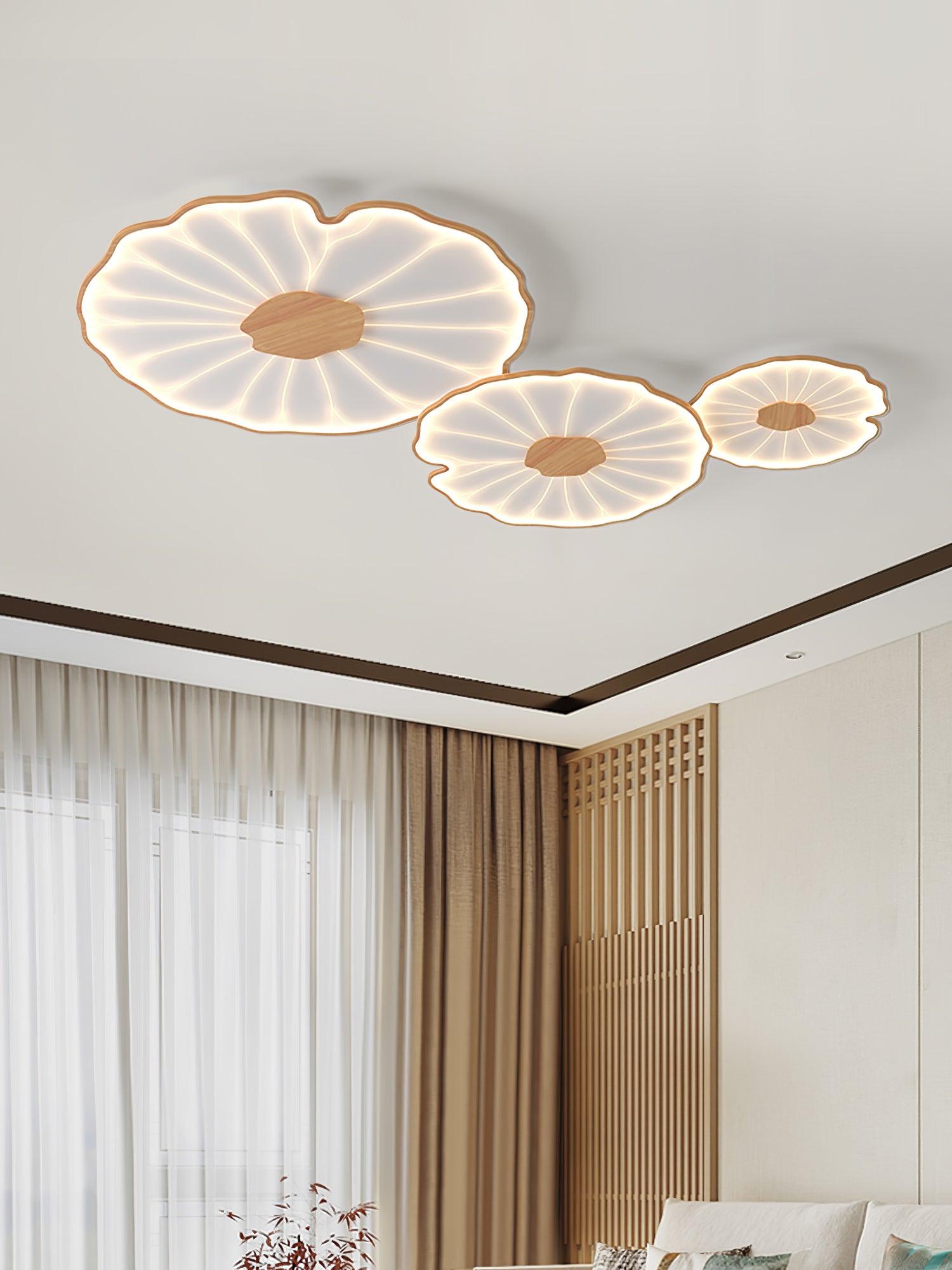 Lotus Leaf Wood-Look LED Ceiling Light / ∅ 20.5″ x H 1.6″ / Dia 52cm x H 4cm / Hydrographic Nature Wood Grain Finish / Warm Light