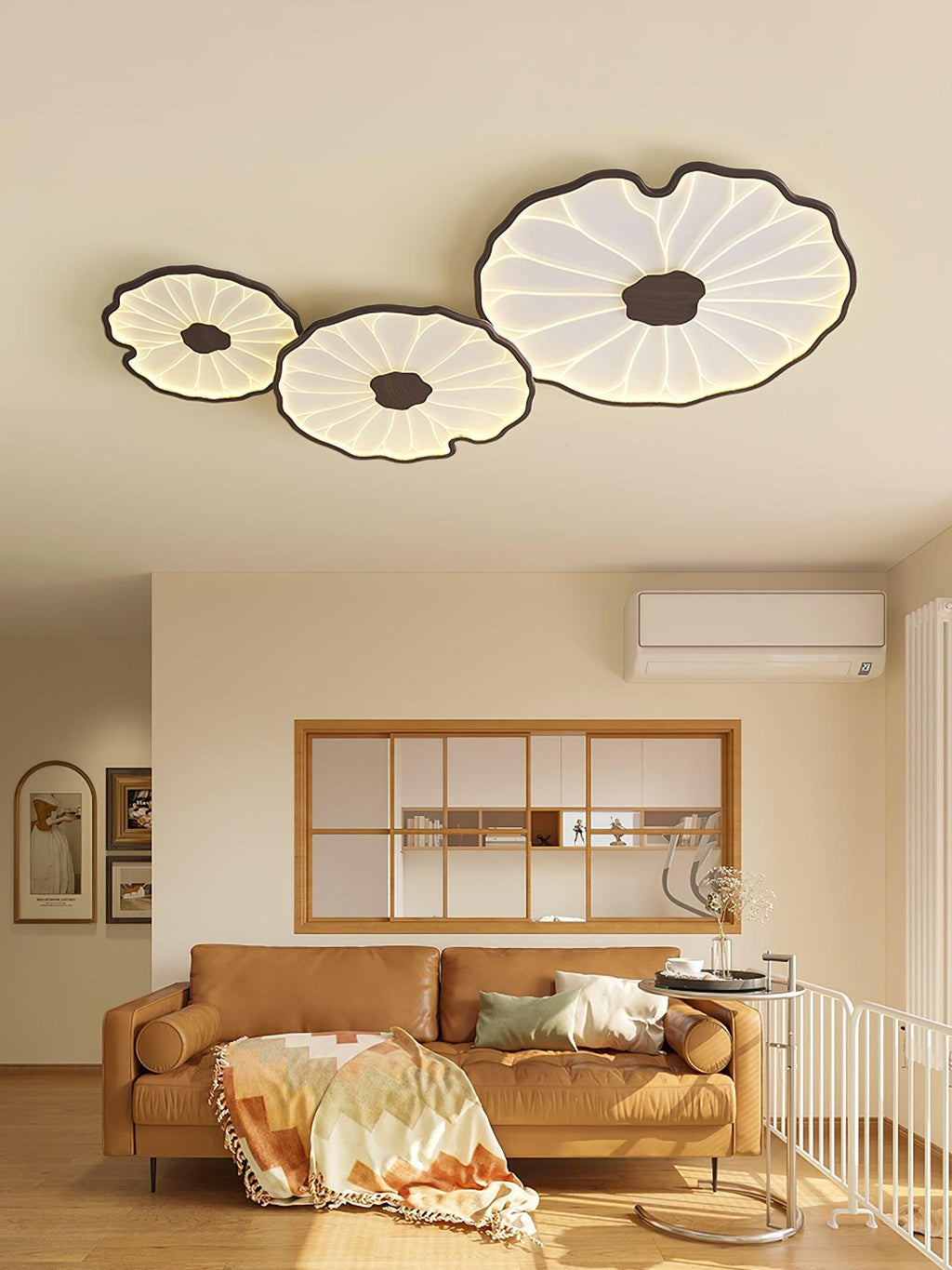 Lotus Leaf Wood-Look LED Ceiling Light / ∅ 28.3″ x H 1.6″ / Dia 72cm x H 4cm / Hydrographic Nature Wood Grain Finish / Warm Light