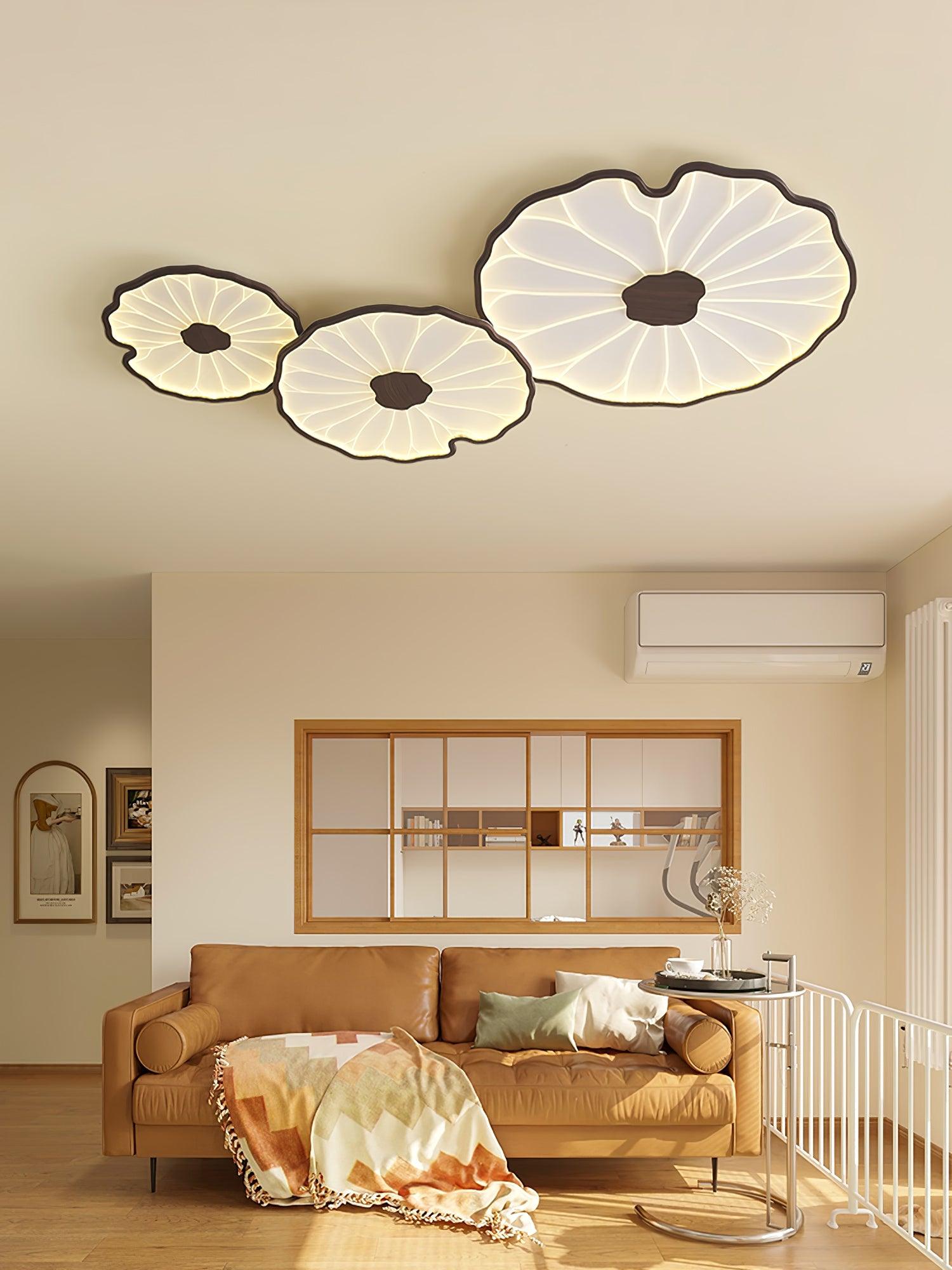 Lotus Leaf Wood-Look LED Ceiling Light / ∅ 28.3″ x H 1.6″ / Dia 72cm x H 4cm / Hydrographic Nature Wood Grain Finish / Warm Light