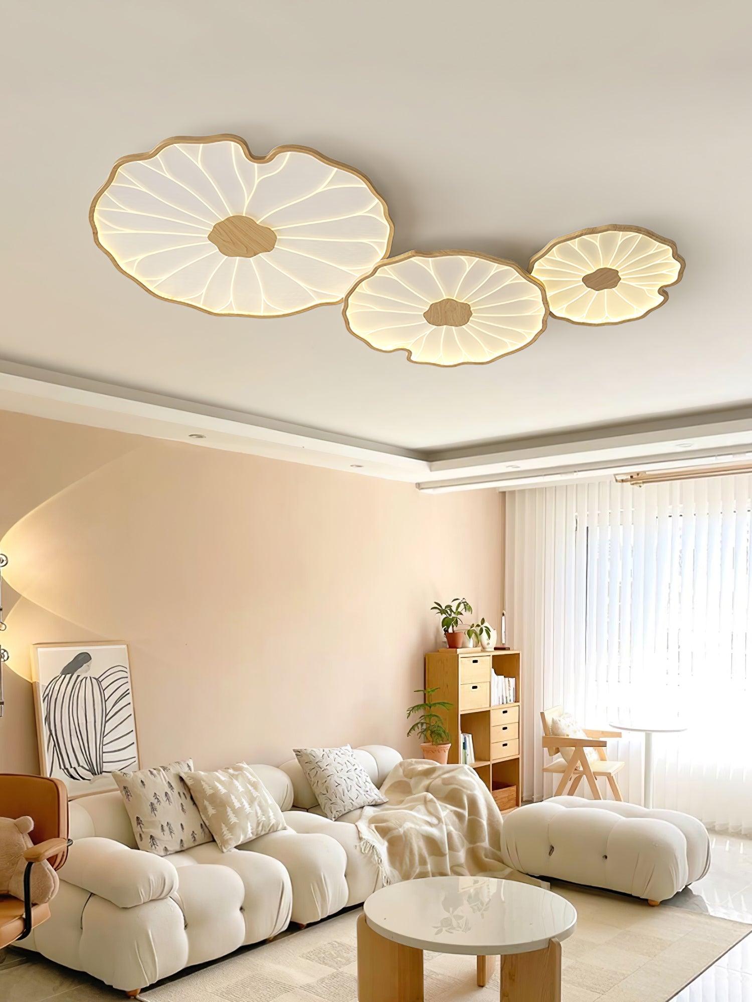 Lotus Leaf Wood-Look LED Ceiling Light / ∅ 28.3″ x H 1.6″ / Dia 72cm x H 4cm / Hydrographic Nature Wood Grain Finish / Cool Light