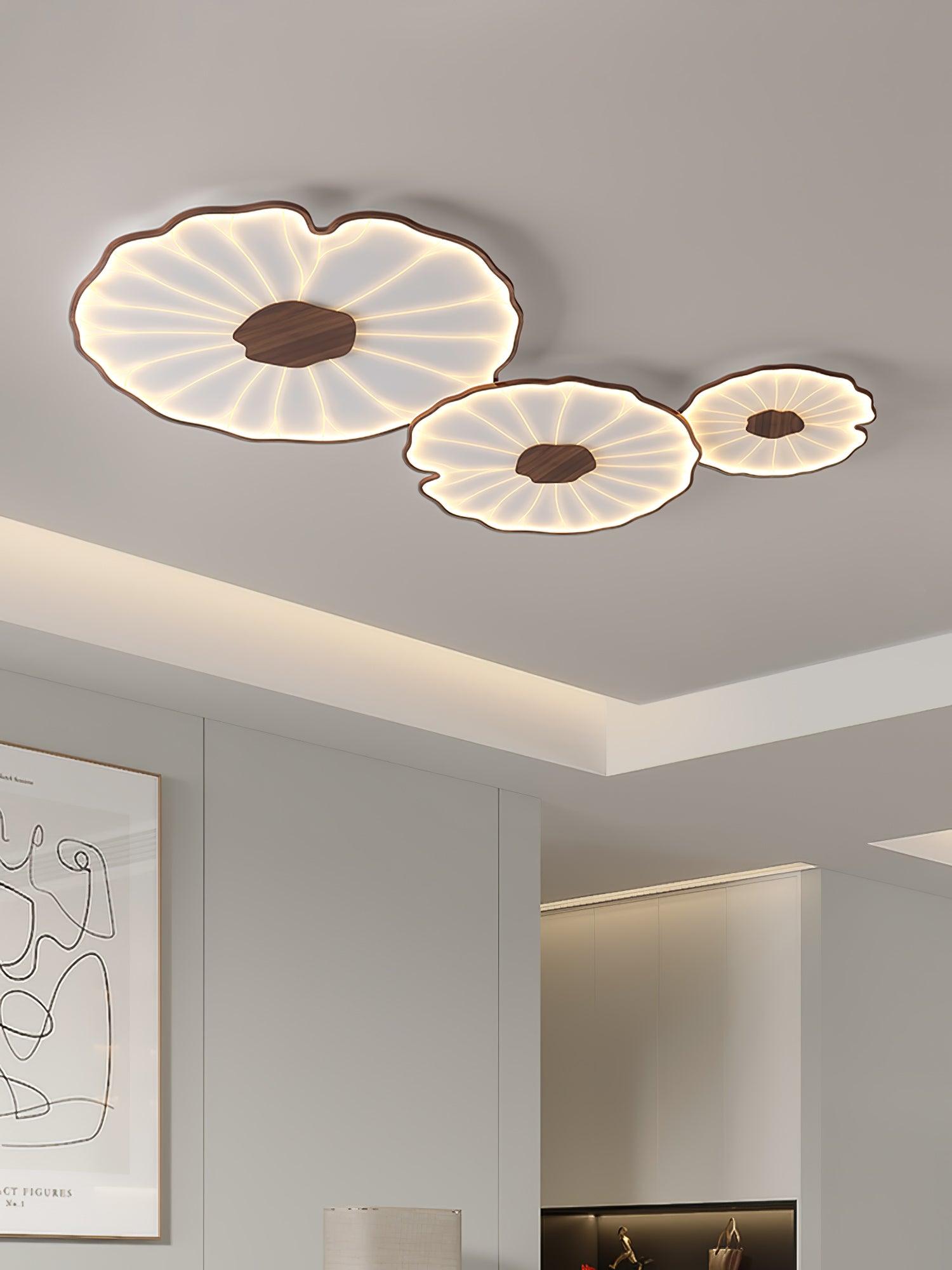 Lotus Leaf Wood-Look LED Ceiling Light / ∅ 28.3″ x H 1.6″ / Dia 72cm x H 4cm / Hydrographic Walnut Wood Grain Finish / Warm Light