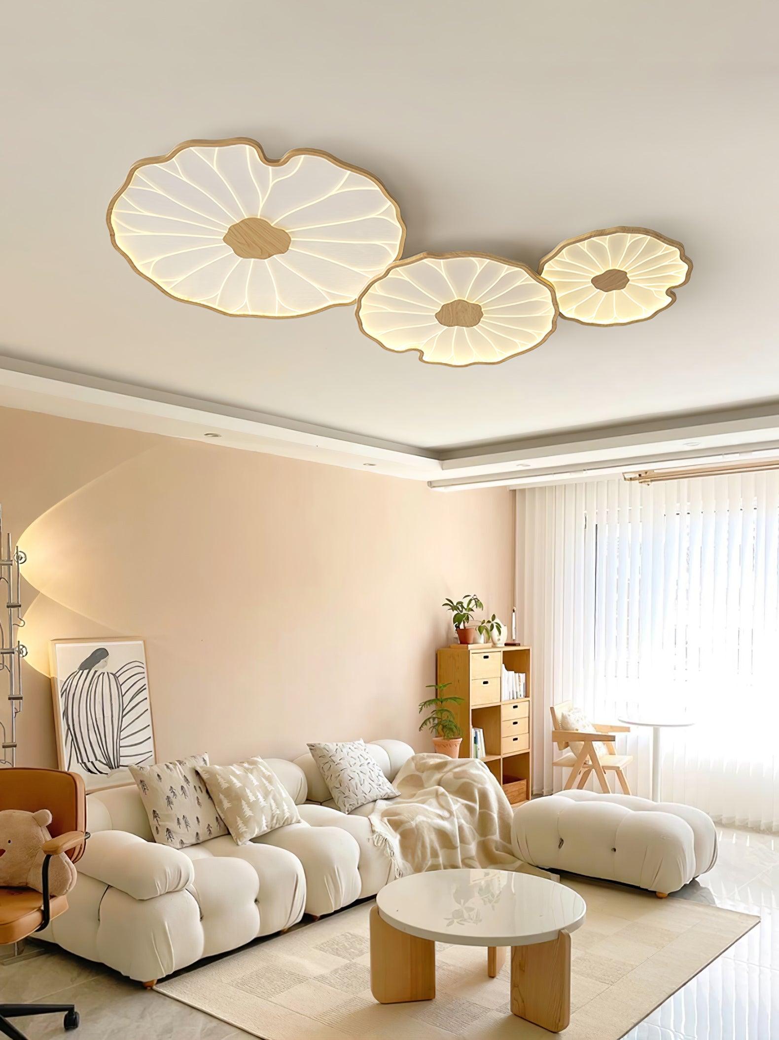Lotus Leaf Wood-Look LED Ceiling Light / L 39.4″ x W 23.6″ x H 2.4″ / L 100cm x W 60cm x H 6cm / Hydrographic Nature Wood Grain Finish / Warm Light