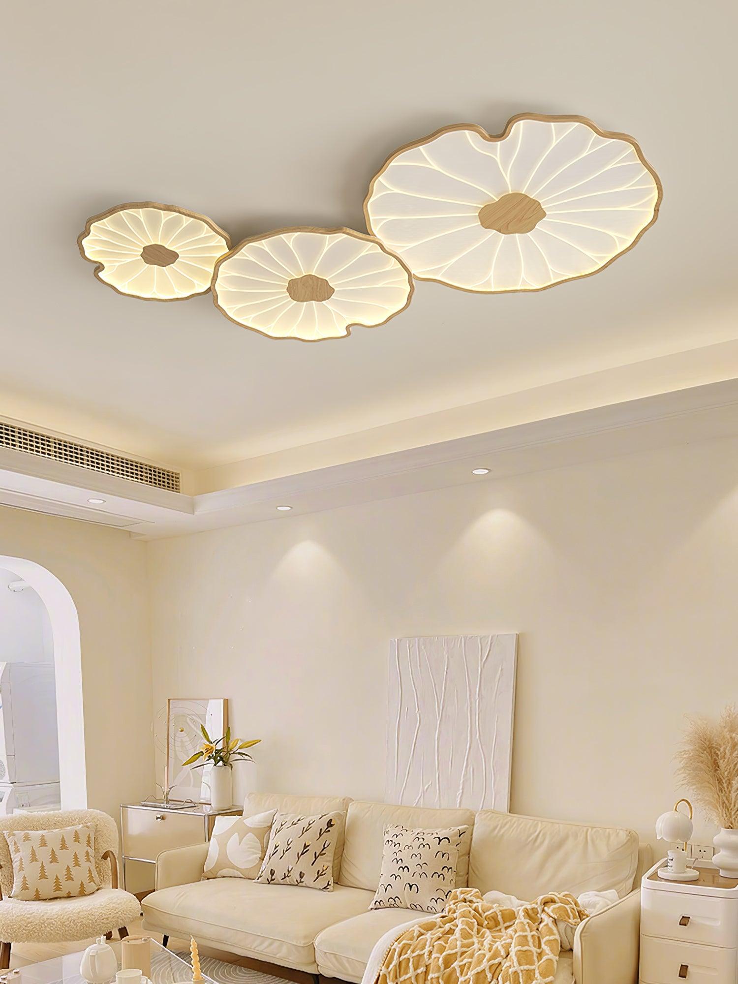 Lotus Leaf Wood-Look LED Ceiling Light / L 53.1″ x W 33.5″ x H 2.4″ / L 135cm x W 85cm x H 6cm / Hydrographic Walnut Wood Grain Finish / Warm Light