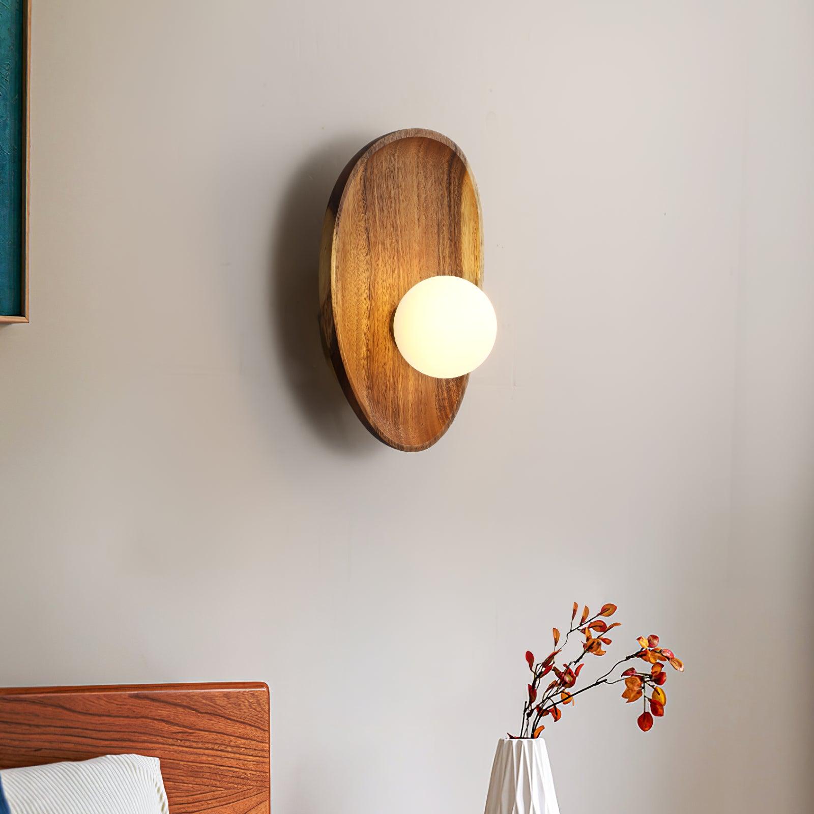 Walnut Wood Glass Globe Wall Light / ∅ 7.8″ x H 10.2″ / Dia 20cm x H 26cm Set of 2 / Walnut & White / Warm Light