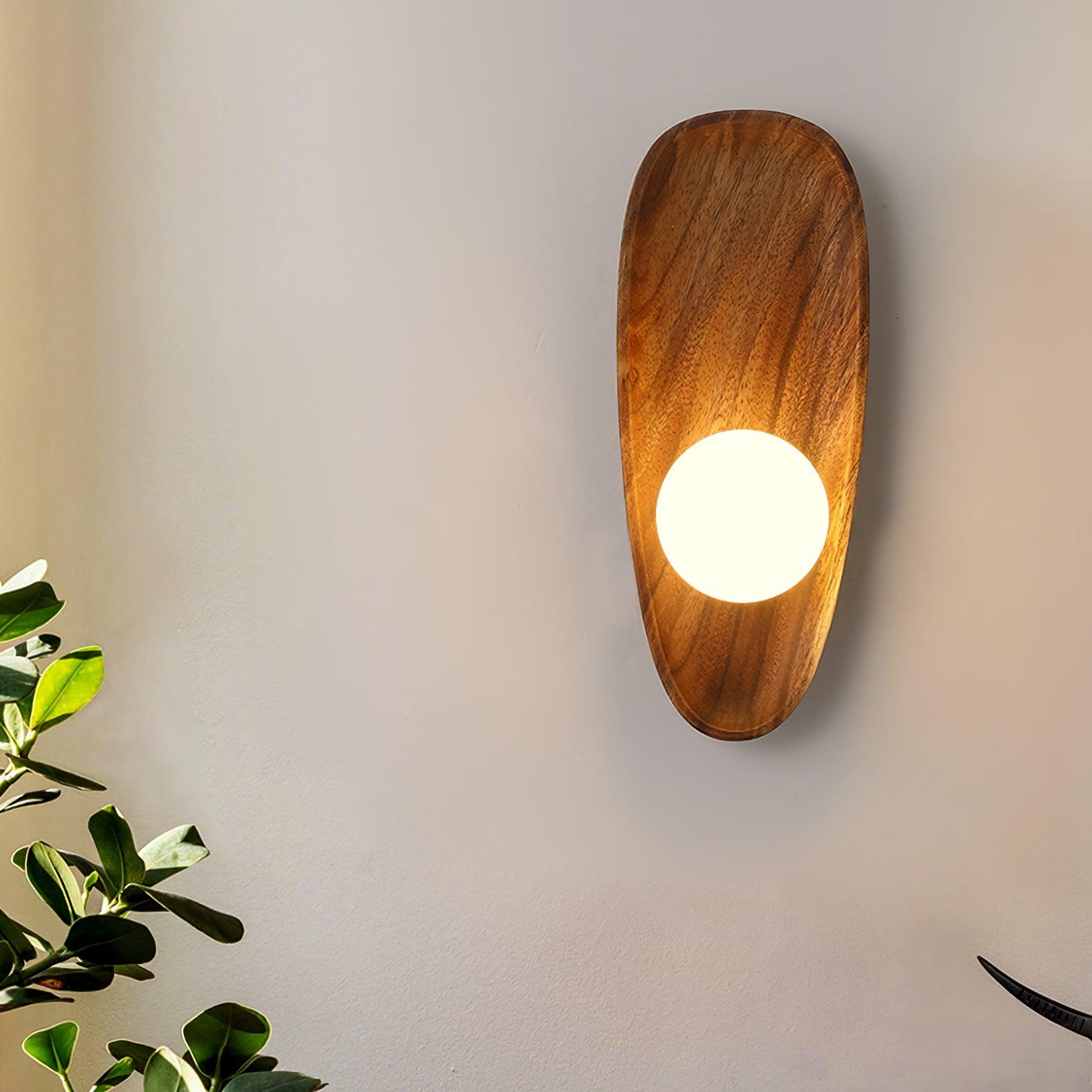 Walnut Wood Glass Globe Wall Light / ∅ 4.7″ x H 11.8″ / Dia 12cm x H 30cm Set of 2 / Walnut & White / Warm Light